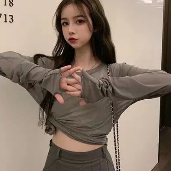 Mesh shirt top thumbhole sexy transparent long sleeve crewneck style gray - Picture 3 of 3